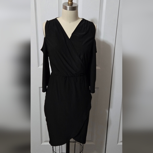 Venus Black Cold Sholder Dress, Size Small, Deep V Neckline, EUC - Picture 1 of 10